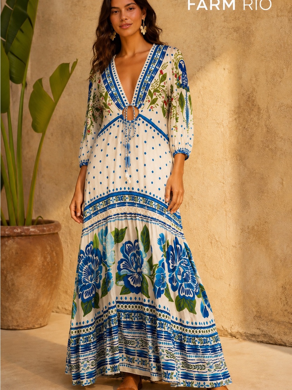 FARM Rio Cream Maxi Dress with Blue Floral Print - Picture 1 of 3